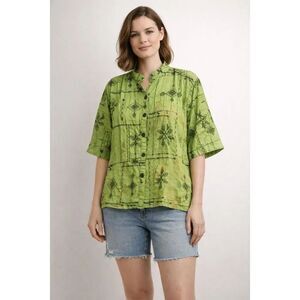 Vintage Bleu Bayou Silk Blouse Green Embroidered Button Up L
